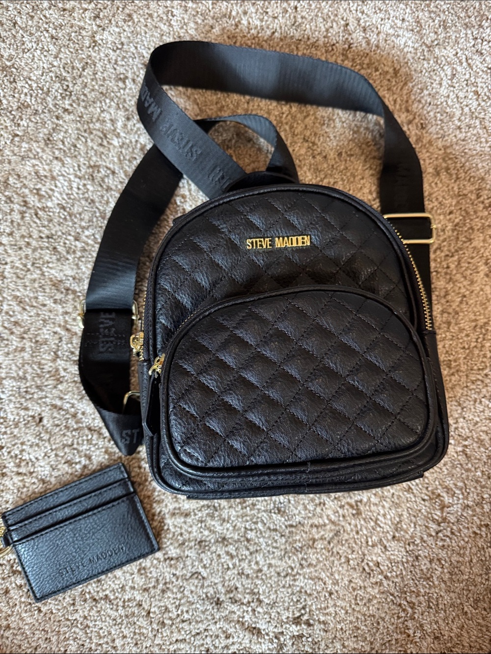 Steve Madden Black Quilted Mini Backpack with Gold Logo
